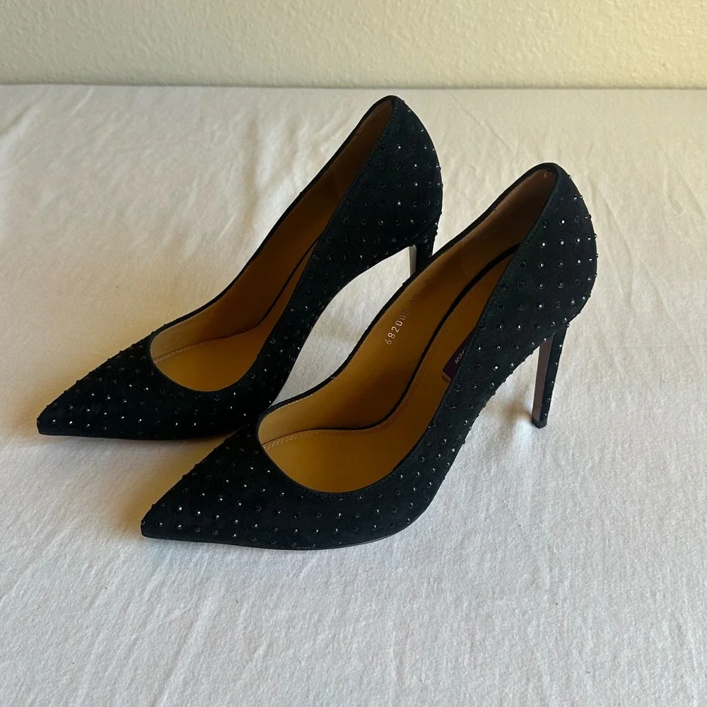Ralph Lauren Purple Label Celia Black Suede Crystal Heel EU 40 Made in Italy New